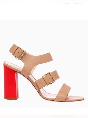KATE SPADE Ibarra Red Block Heel Nude Tan Leather Strap Strappy Sandals Shoes